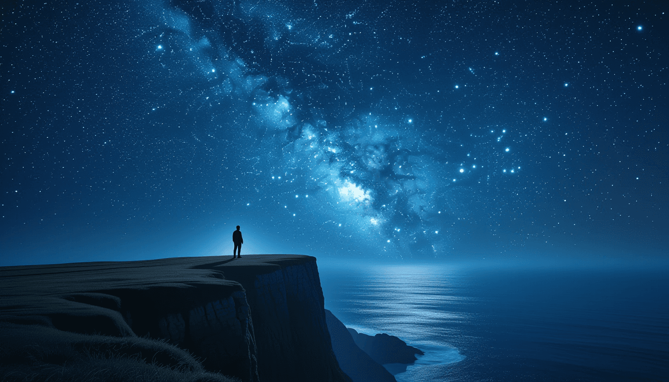 A lone developer stands on a windswept cliff edge, silhouetted against a vast, star-dusted night sky