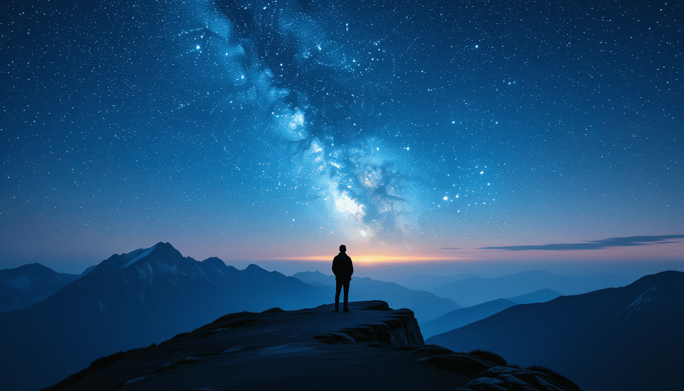 A lone figure stands on a windswept cliff edge, silhouetted against a vast, star-dusted twilight sky