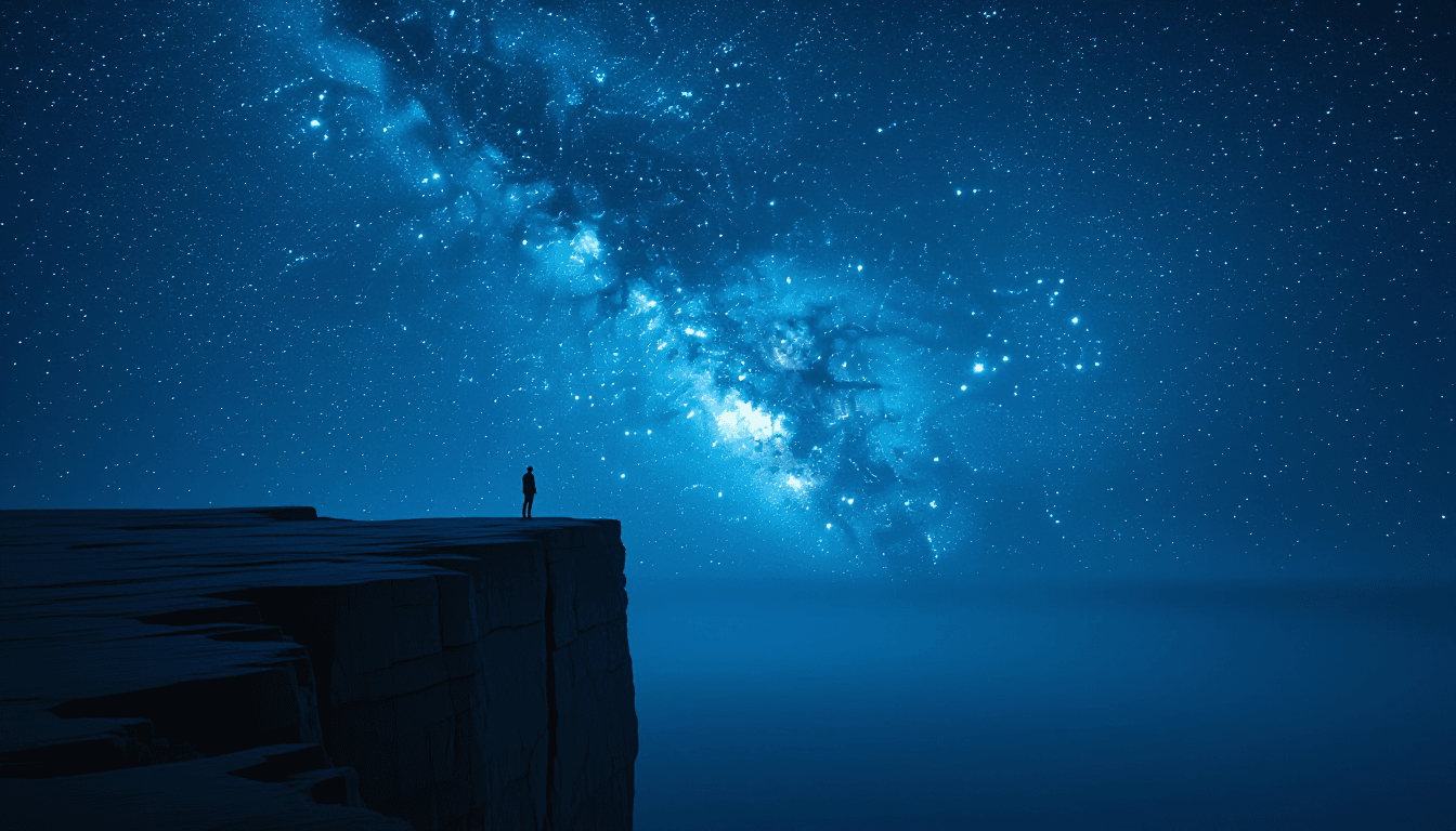 A solitary figure stands on a stark basalt cliff edge, dwarfed by the infinite star-strewn expanse o