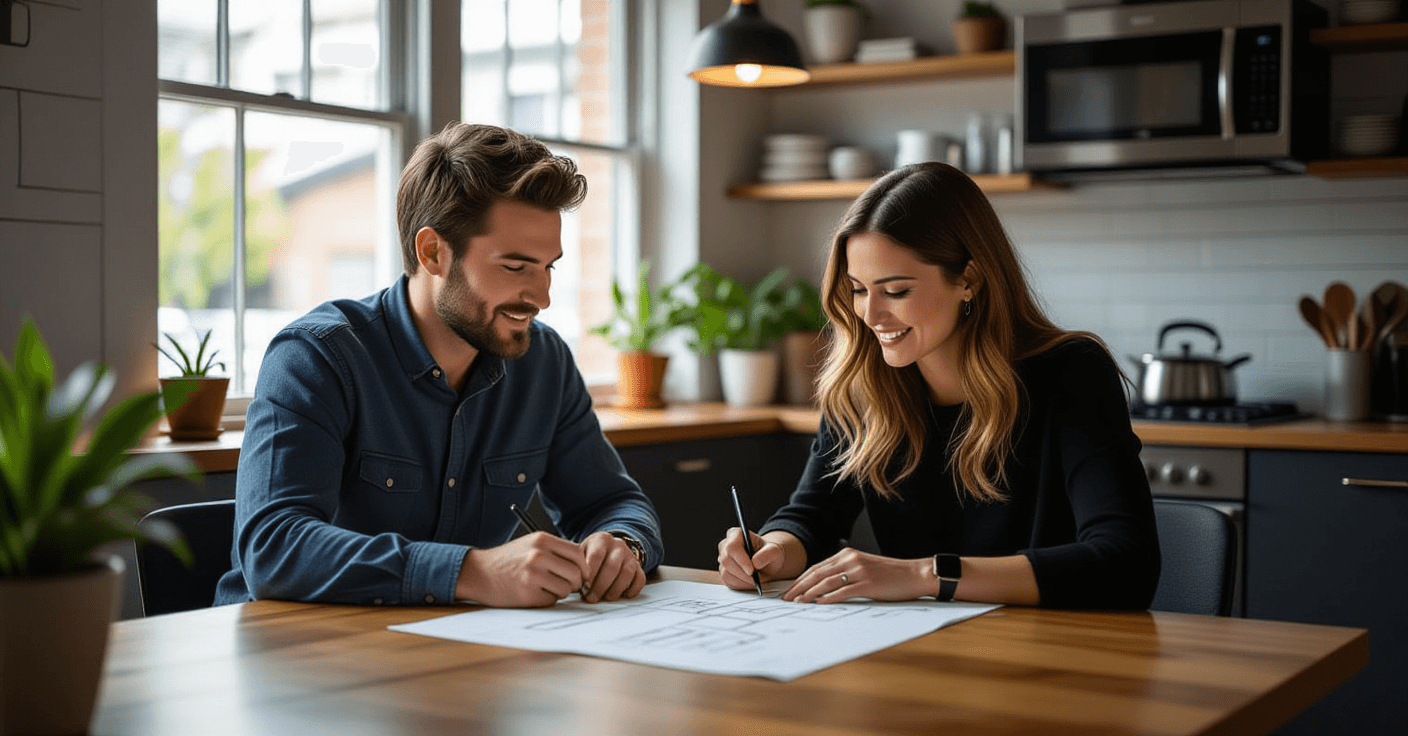 two coworkers, a man and a woman, a software founder, sketching a product idea with a cofounder at a