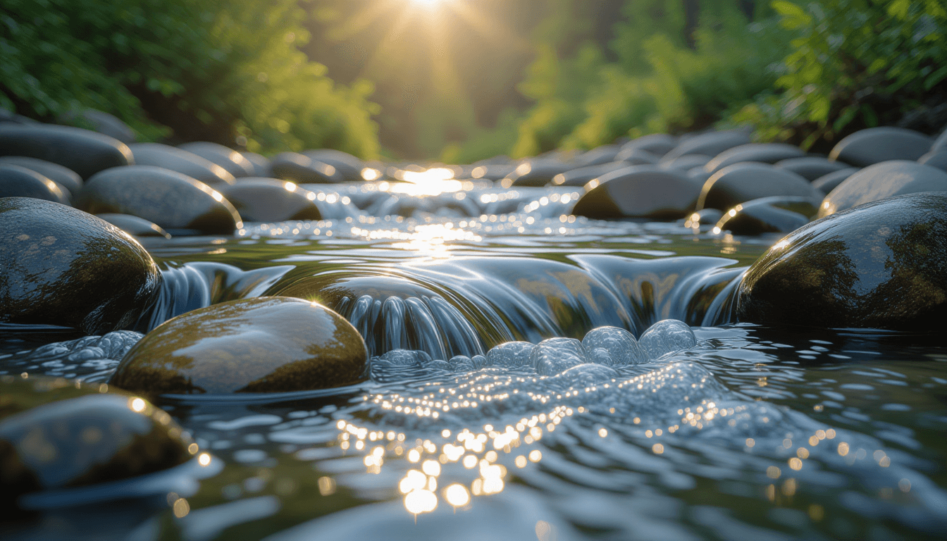 Sunlight catches the smooth, rapid surface of a mountain stream rushing over polished river stones