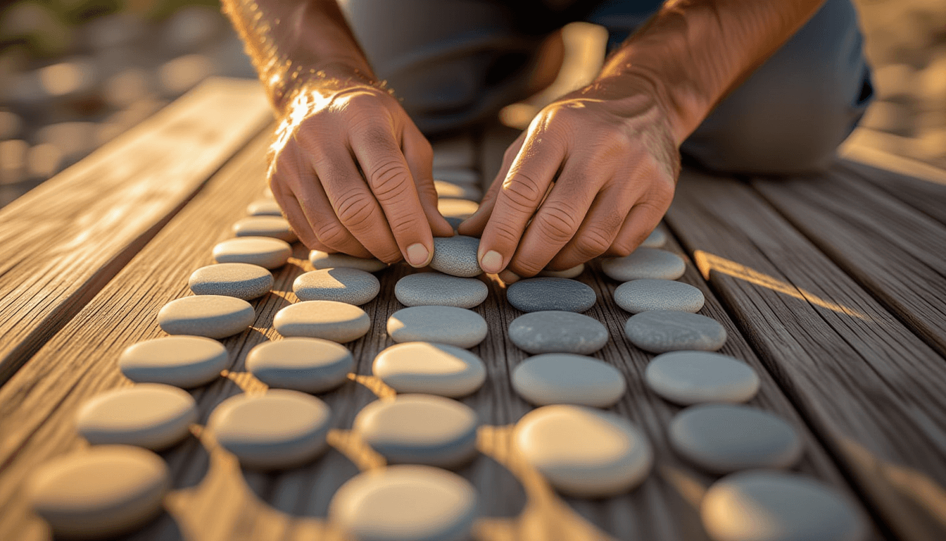 Golden hour light catches calloused fingers carefully arranging smooth, sorted stones in a tight, de