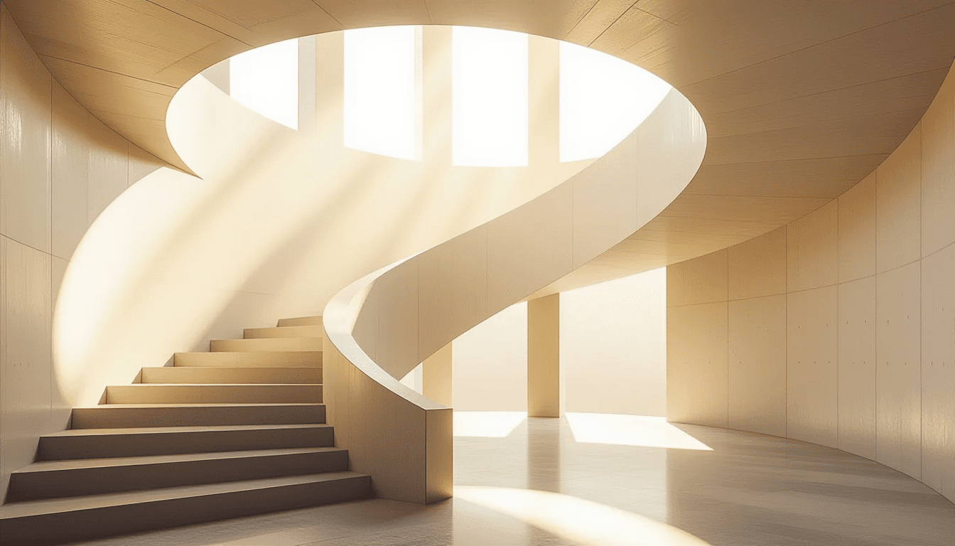 A concrete spiral staircase ascends through shafts of warm, low-angle sunlight, its repeating geomet