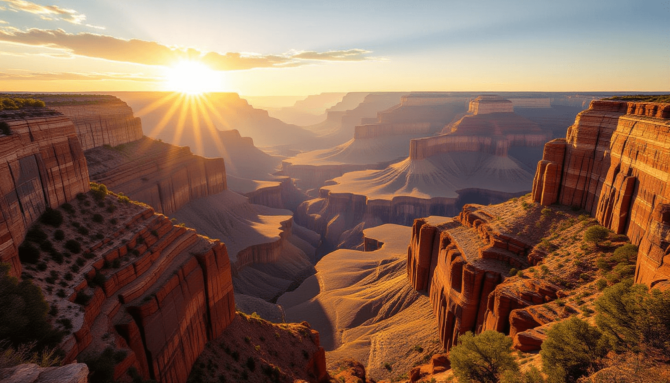 Sunlight spills over rugged canyon ridges, illuminating layered sedimentary strata that mirror struc
