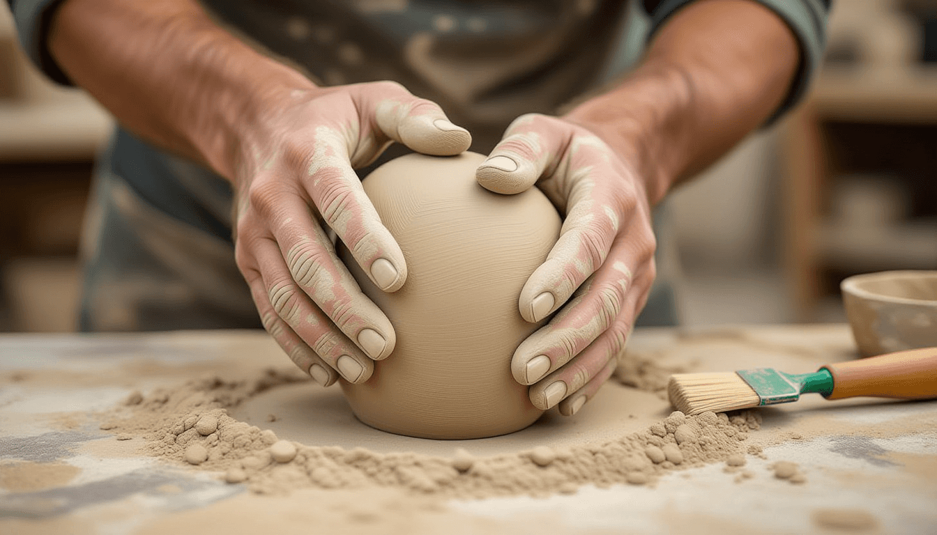 Sculpted hands knead raw, unrefined clay into a rough, unshaped mass, discarding the excess dust to