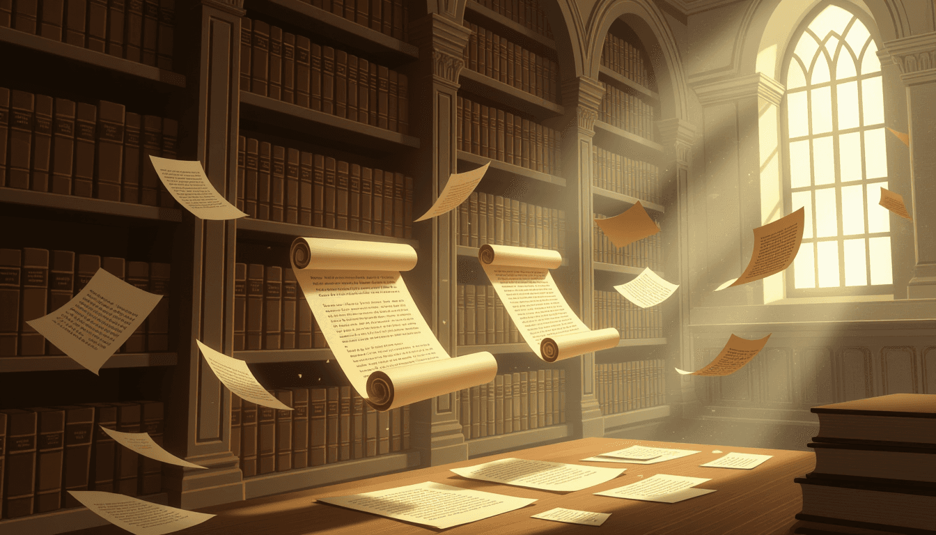 A dusty, glowing library shelf where ancient scrolls are gently lifted by ethereal hands, leaving be
