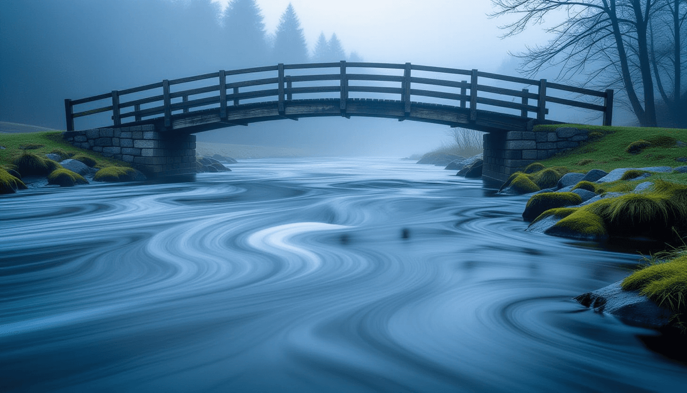 Misty river currents swirl beneath a weathered wooden bridge at dawn, the churning water capturing t
