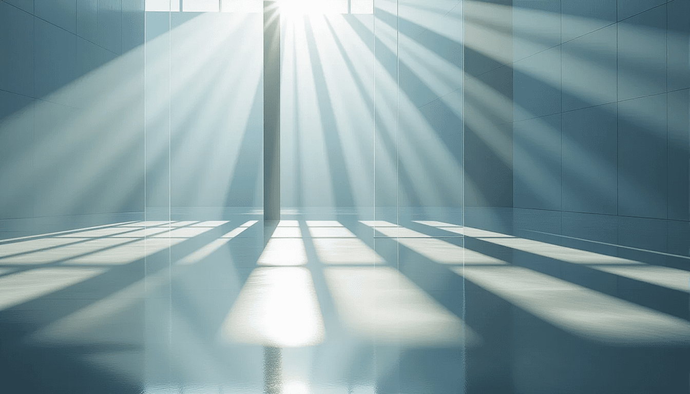 Sunlight filters through layered translucent acrylic sheets, casting sharp geometric shadows across
