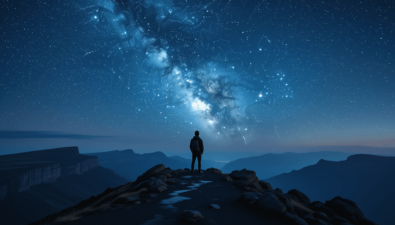 A solitary analyst stands on a windswept basalt ridge at twilight, gazing up at the Milky Way’s dens