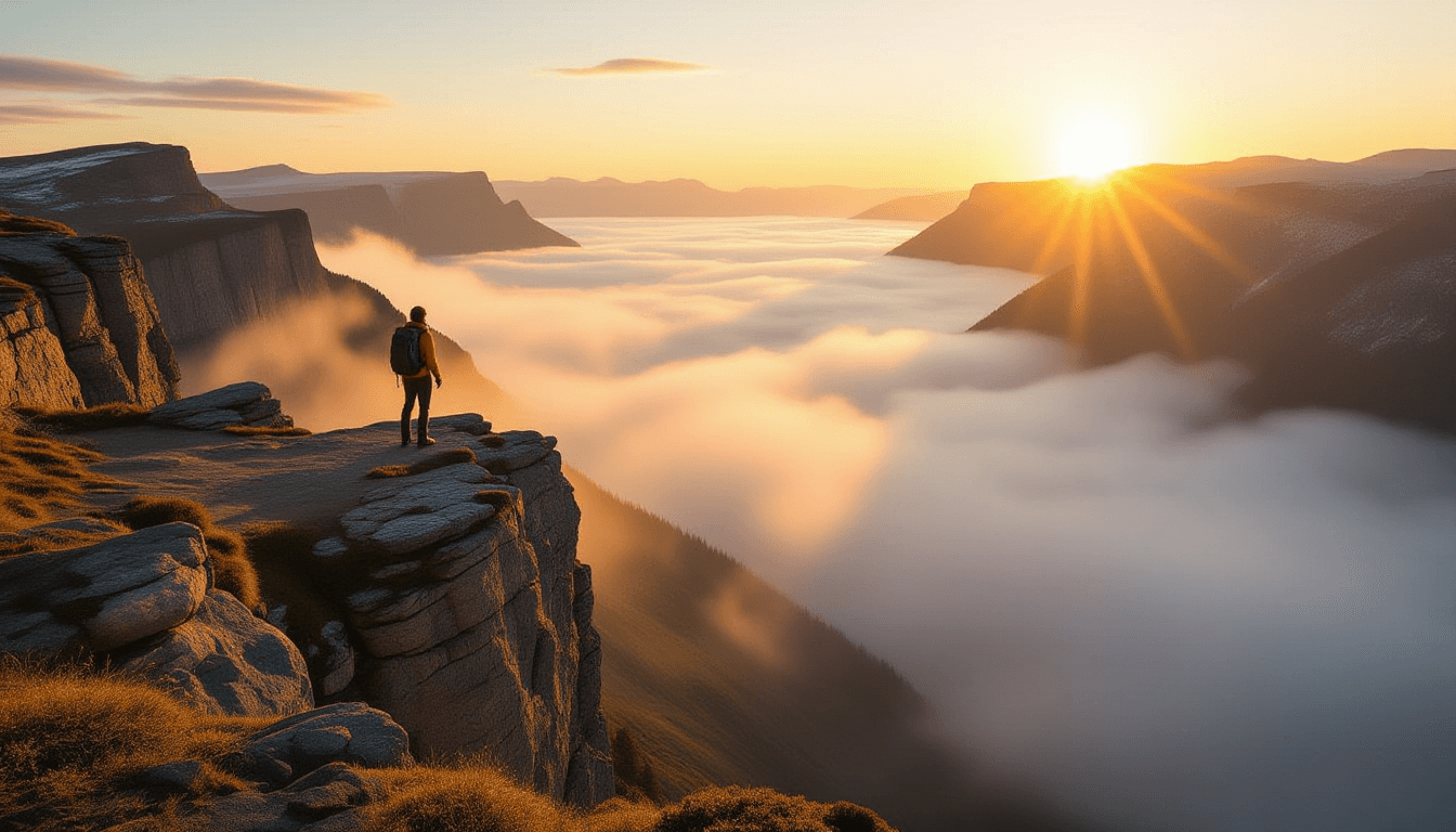 A lone hiker stands on a rugged cliff edge, gazing out over a vast, misty valley at golden hour. The