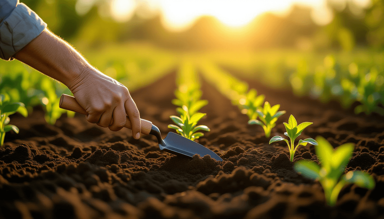 Golden hour light washes over calloused hands guiding a trowel through dark, rich soil, planting see