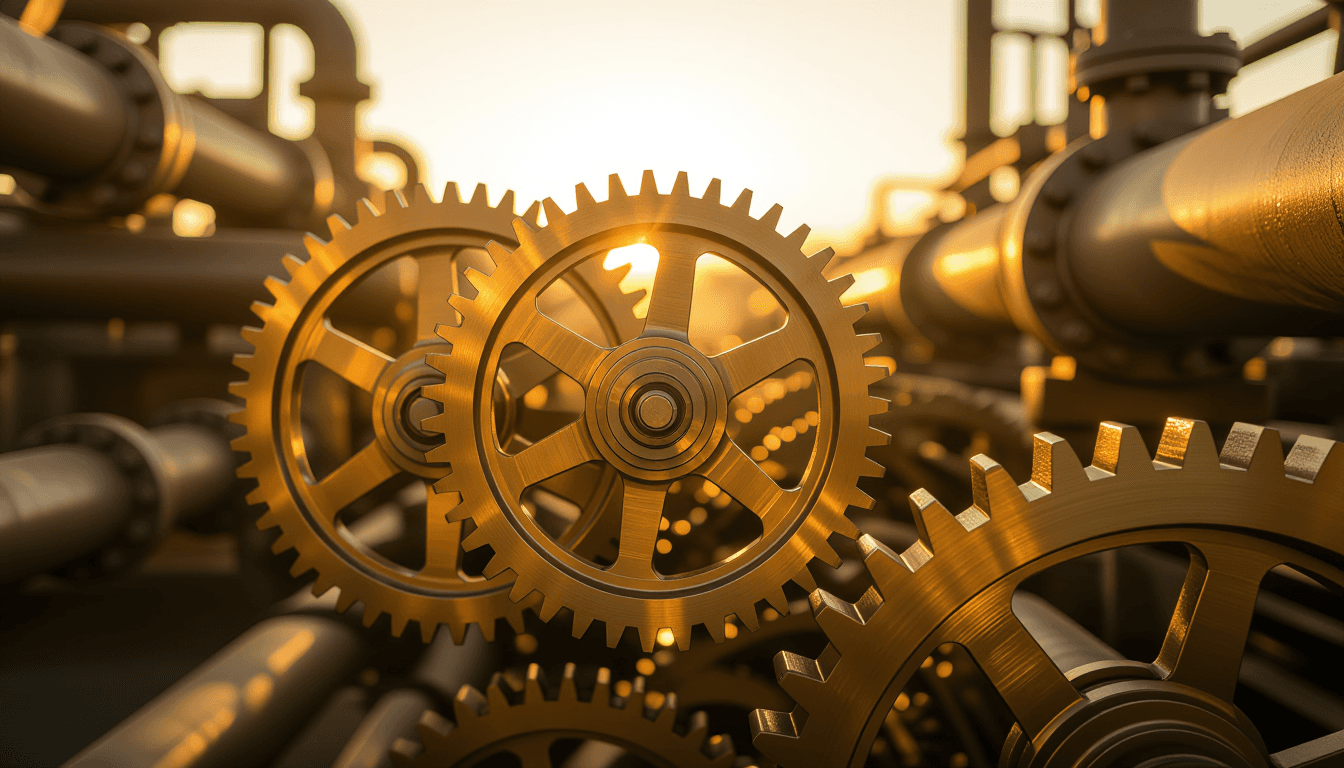 Sunlight catches the polished steel teeth of interlocking industrial gears rotating in slow motion