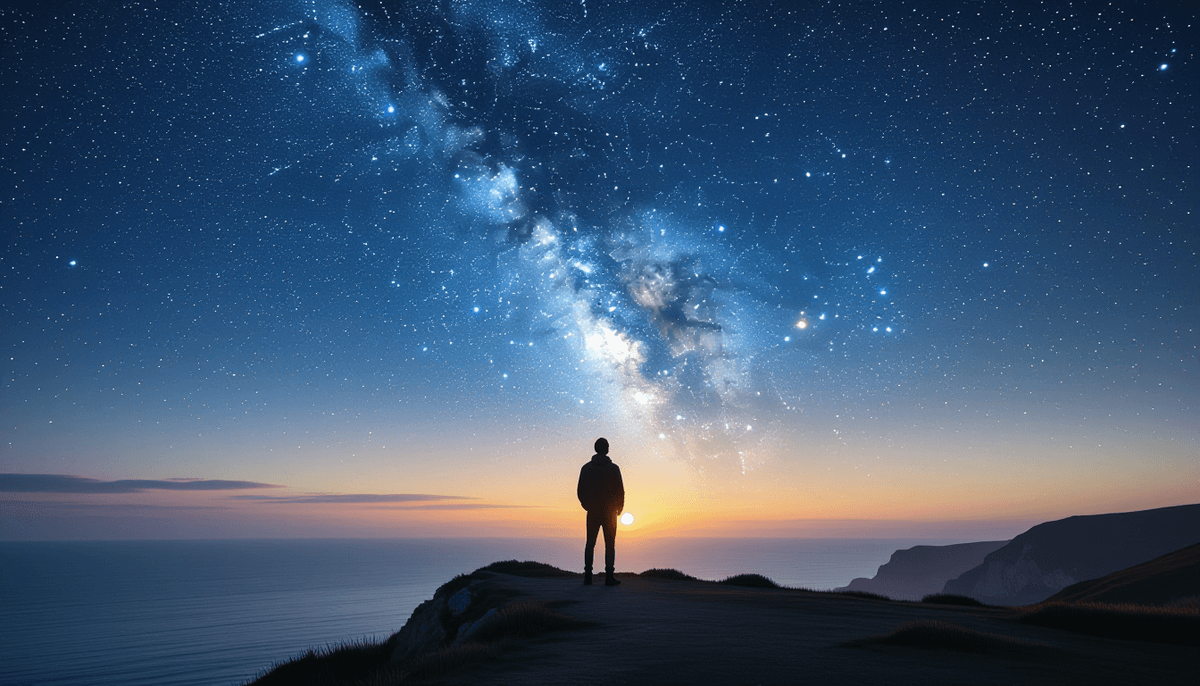 A lone developer stands on a windswept cliff edge at dusk, silhouetted against a vast, star-filled s
