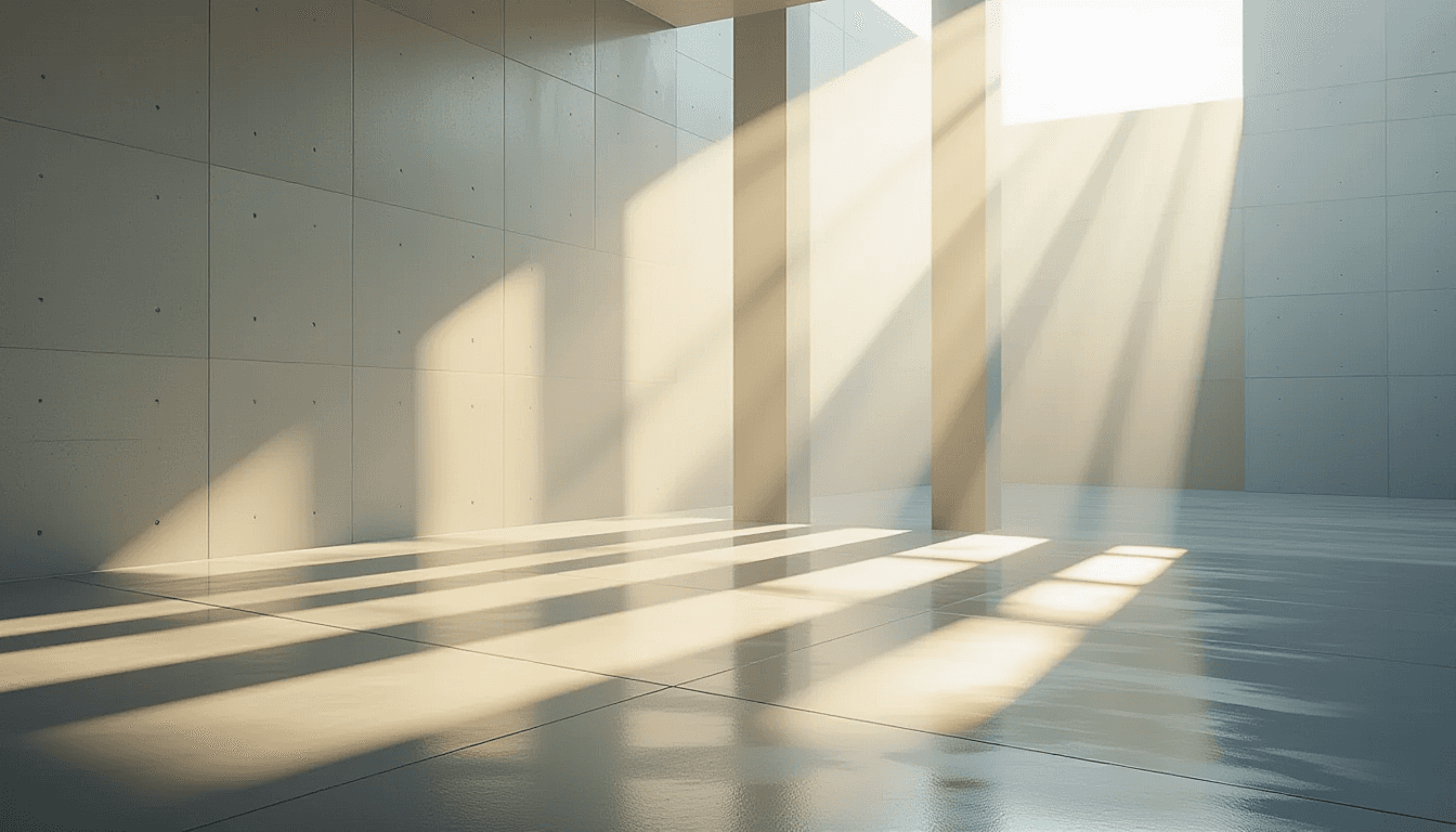 Sunlight fractures through layered translucent geometric panels, casting sharp, tessellated shadows