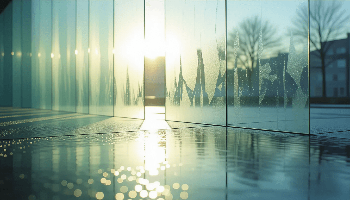 Sunlight pierces through overlapping sheets of frosted glass, casting sharp, tessellated shadows on