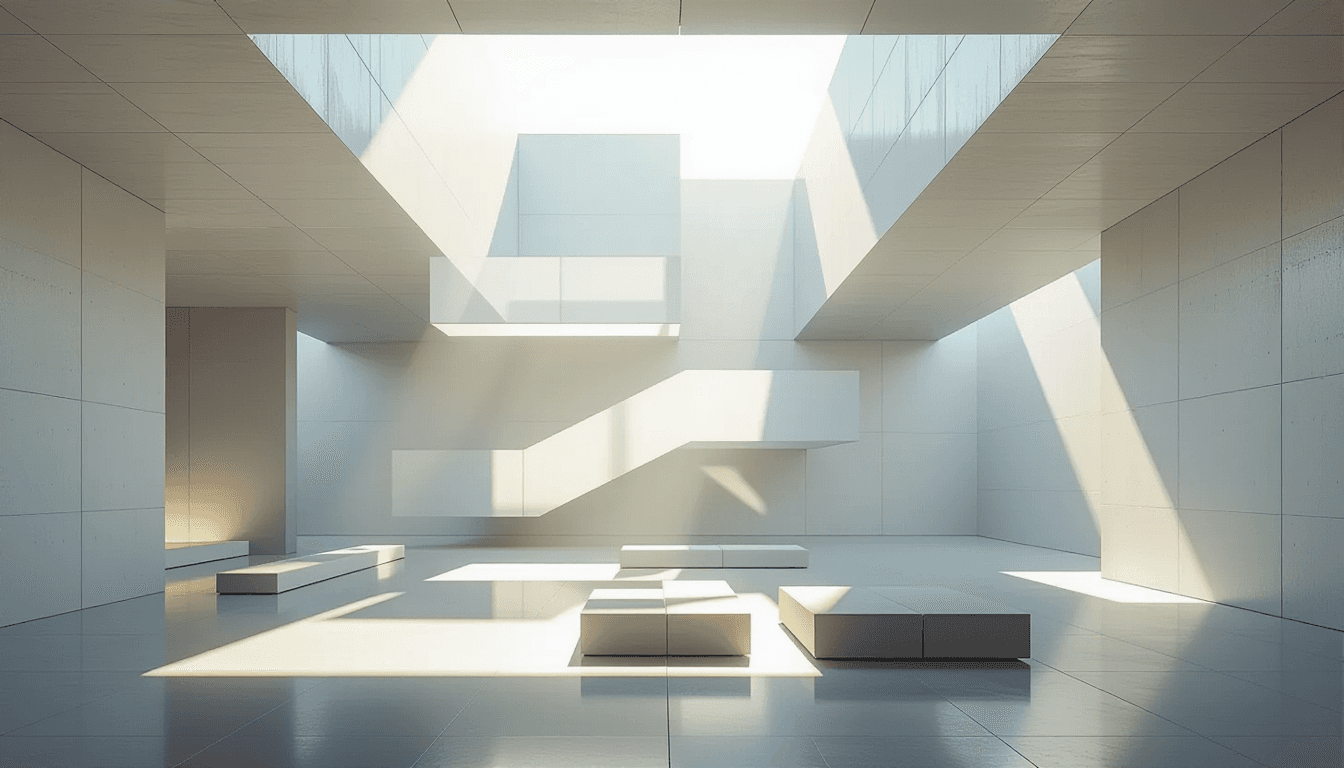 Overcast diffused light bathes a minimalist concrete atrium where layered translucent planes float i