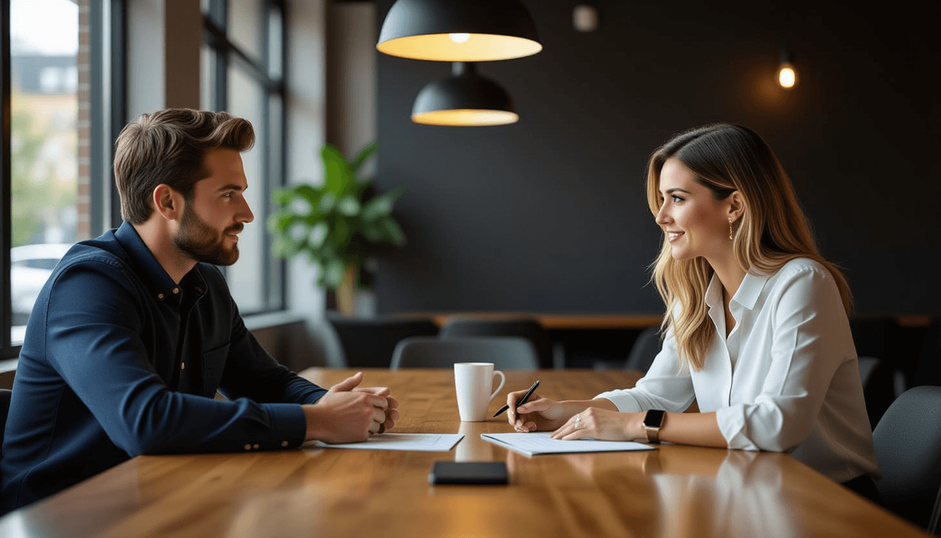 two coworkers, a man and a woman, a marketing team, debating ideas around a long wooden table, candi