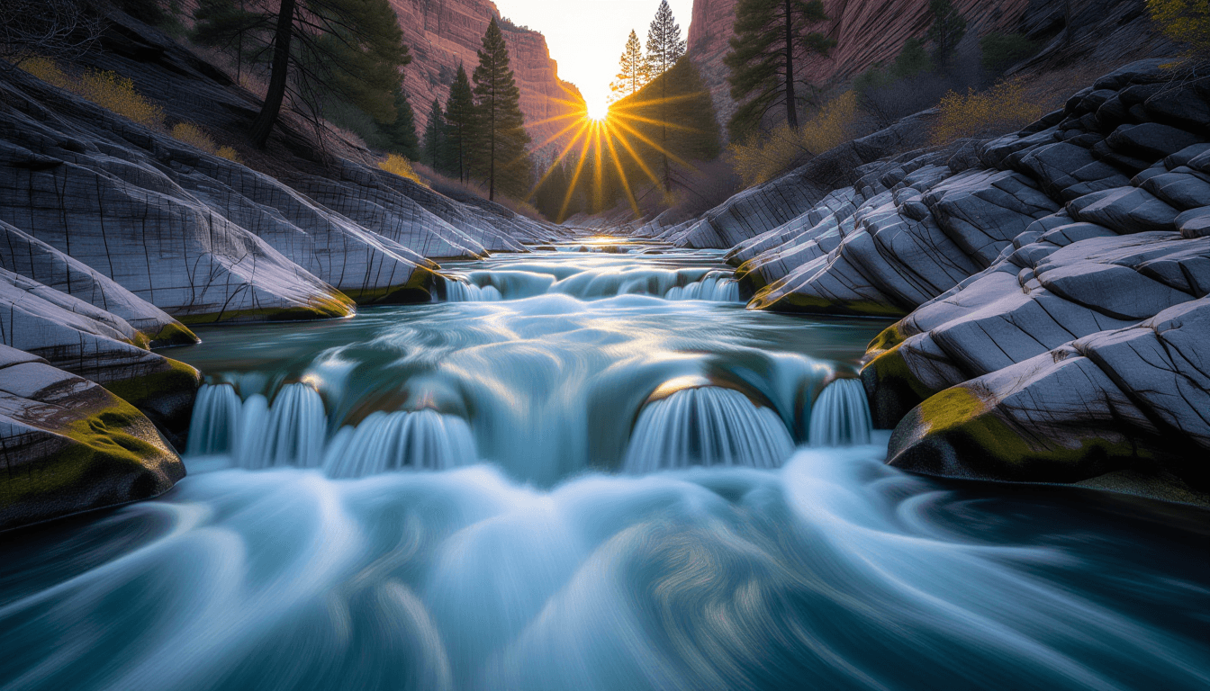 Golden hour light catches the white-capped rush of a river carving through a narrow canyon, the long