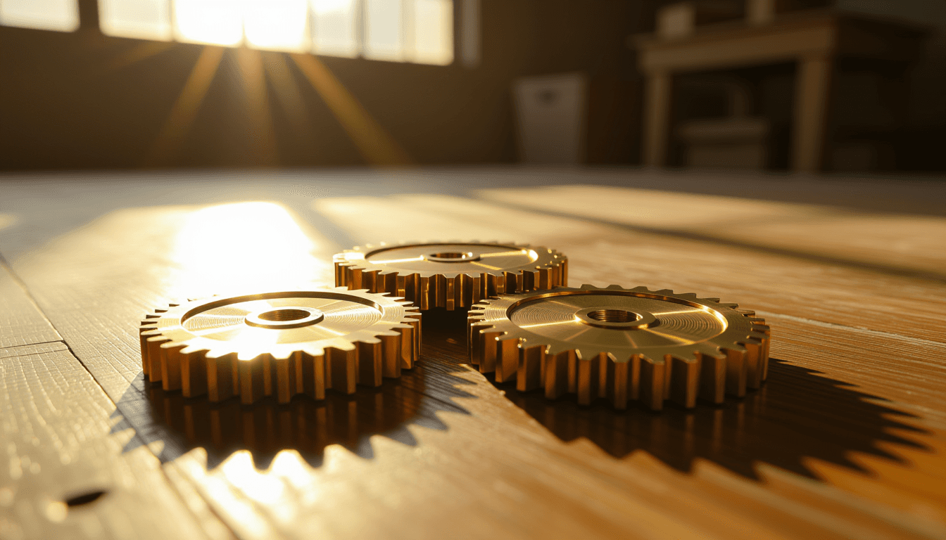 Interlocking brass gears rotate in slow motion under warm, directional sunlight, their polished meta