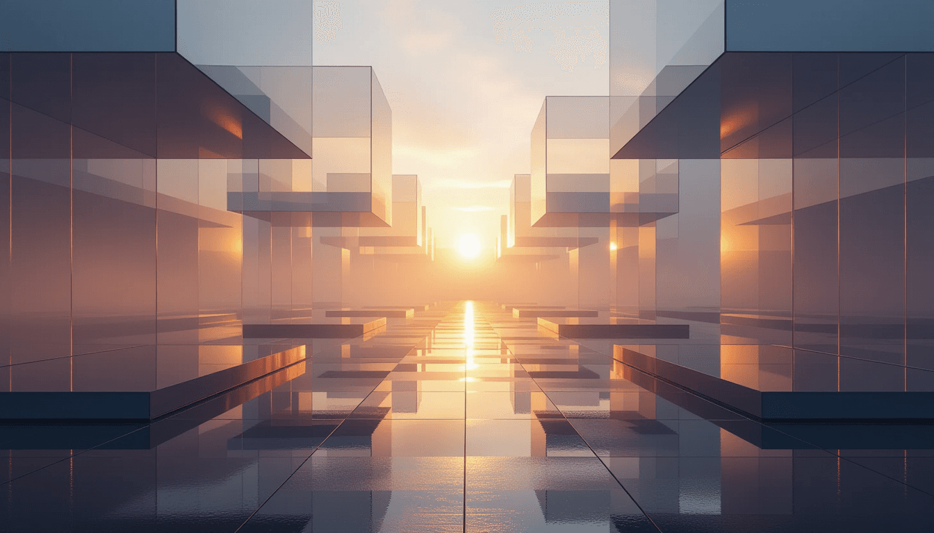 Sunset light pierces through layered translucent planes and floating geometric platforms, casting lo