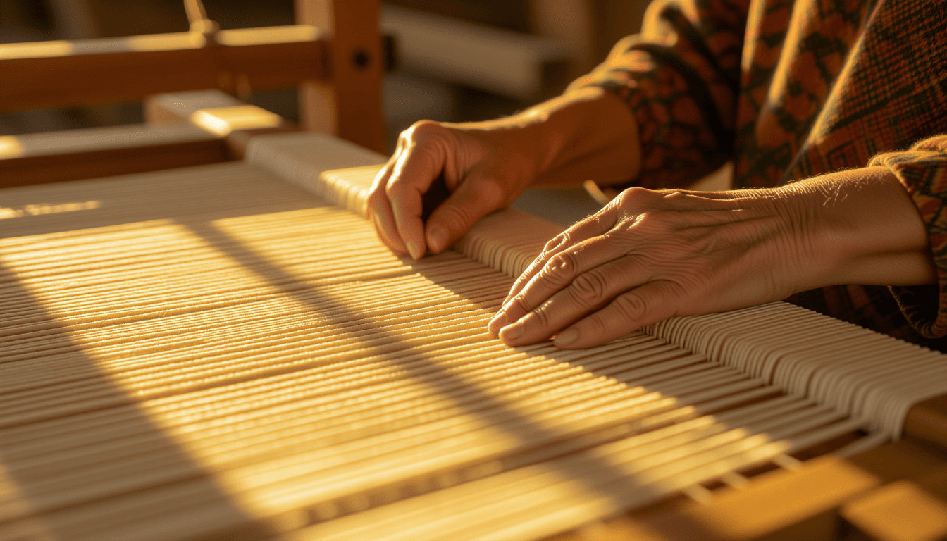 Weathered hands guide a thick fiber through the intricate warp of a wooden loom, backlit by the warm