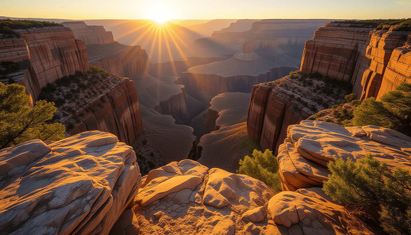 Golden hour light spills over a rugged canyon rim, illuminating the weathered stone where a narrow