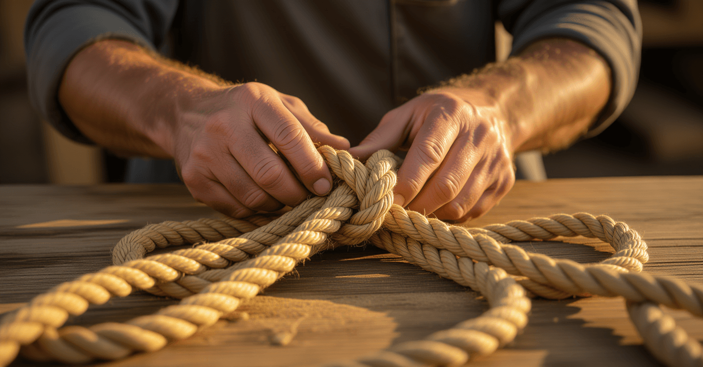 Golden hour light catches rough, clay-dusted hands patiently weaving thick, frayed hemp ropes into a
