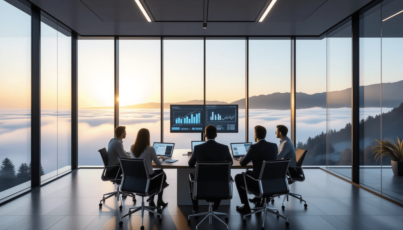 Dawn light slices through heavy coastal fog, illuminating the sleek, glass-walled conference room wh