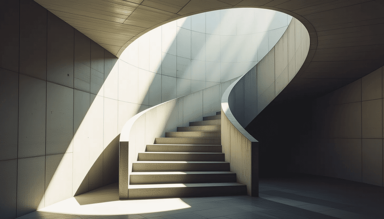Sunlight slices through the geometric shadows of a brutalist concrete spiral staircase, highlighting