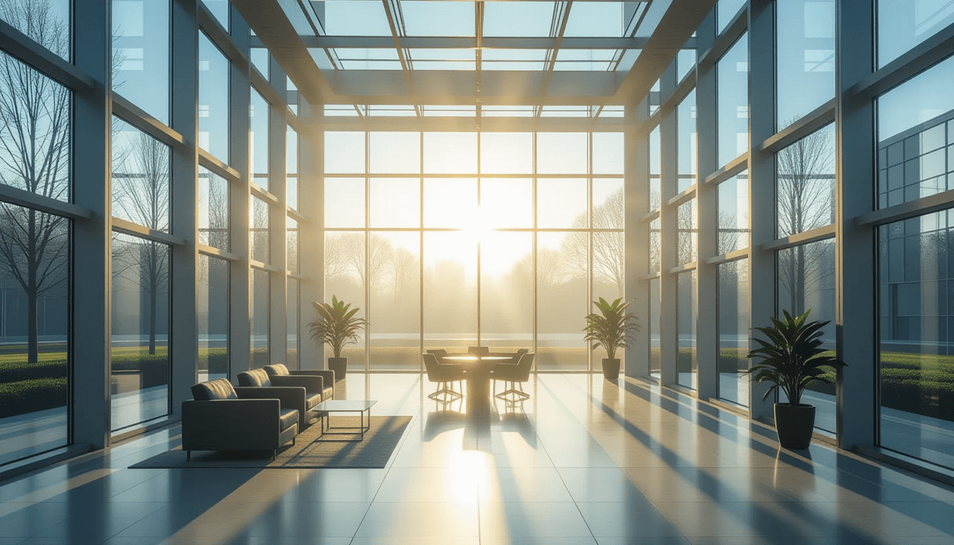Sunlight pierces through morning fog in a modern glass atrium, casting sharp, geometric beams that i