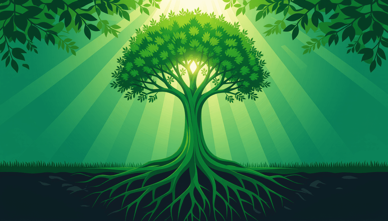 A towering emerald canopy emerges from a dense, geometric root system, its lush leaves catching a si