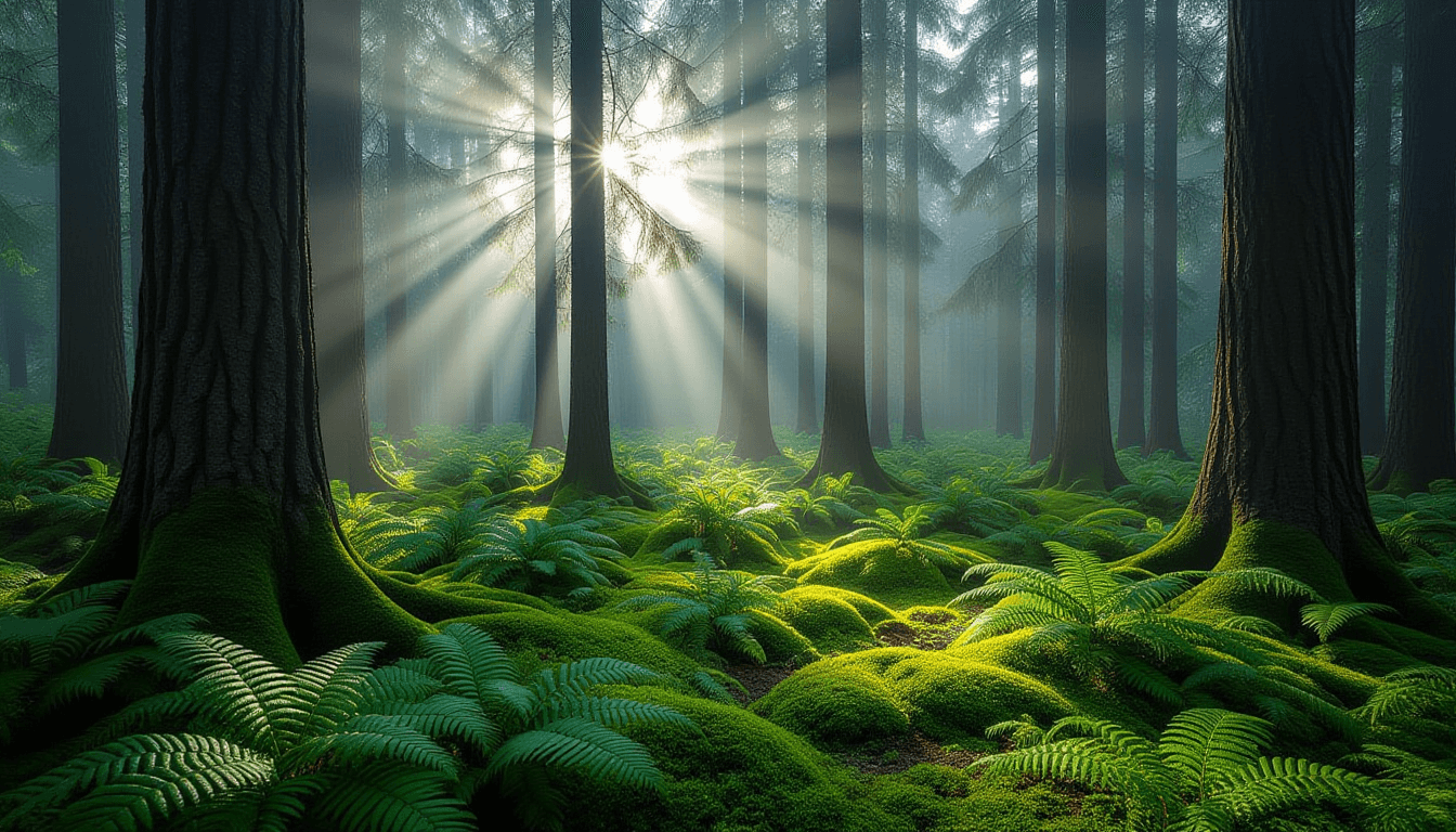 Sunlight pierces through morning fog in a dense pine forest, casting sharp volumetric beams across w