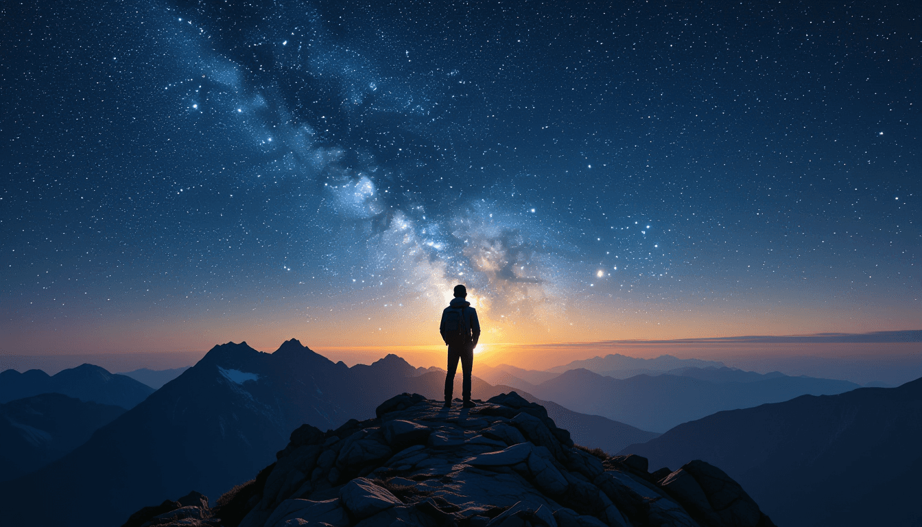 A solitary engineer stands on a rugged mountain ridge at twilight, silhouetted against the vast, sta