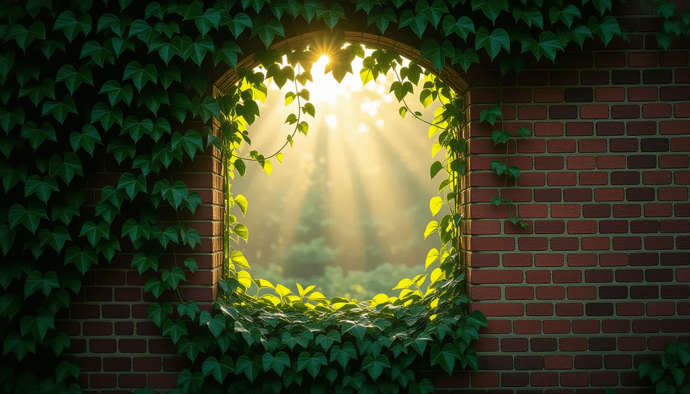 Morning light filters through a dense canopy of ivy choking an old brick wall, highlighting the tang