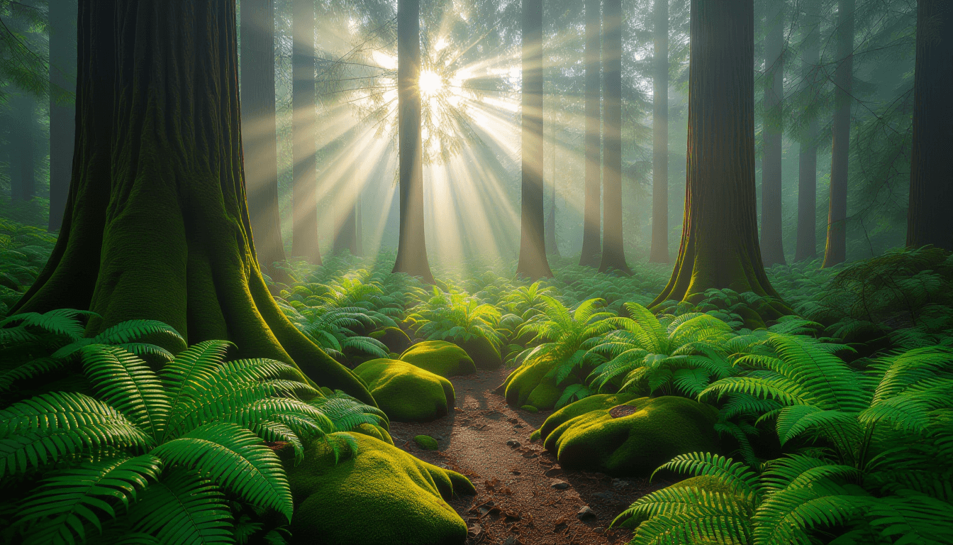 Morning sun pierces through a dense, misty forest canopy, casting distinct volumetric god rays onto
