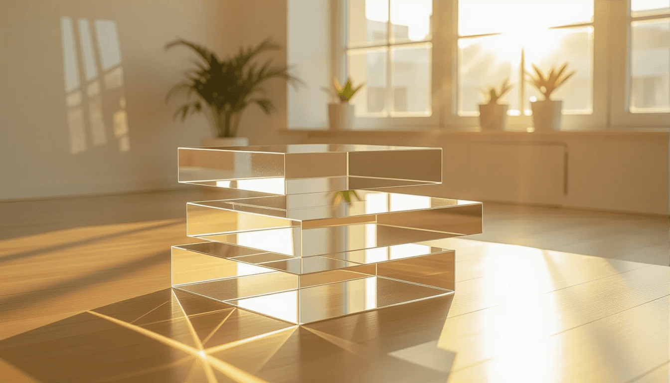 Stacked translucent acrylic platforms float in a sun-drenched studio, their sharp geometric edges ca