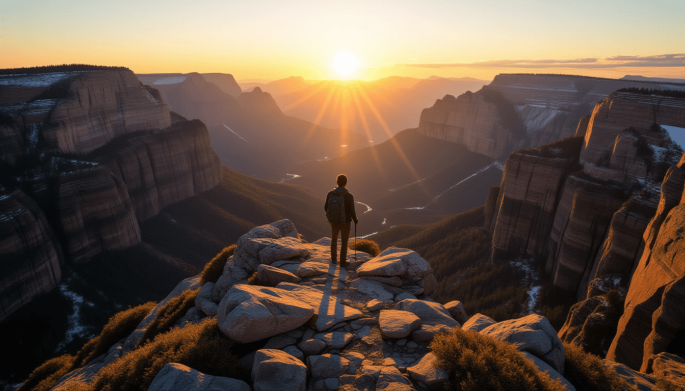 A lone hiker pauses on a narrow, rocky ridge at golden hour, overlooking a deep, shadowed valley bel