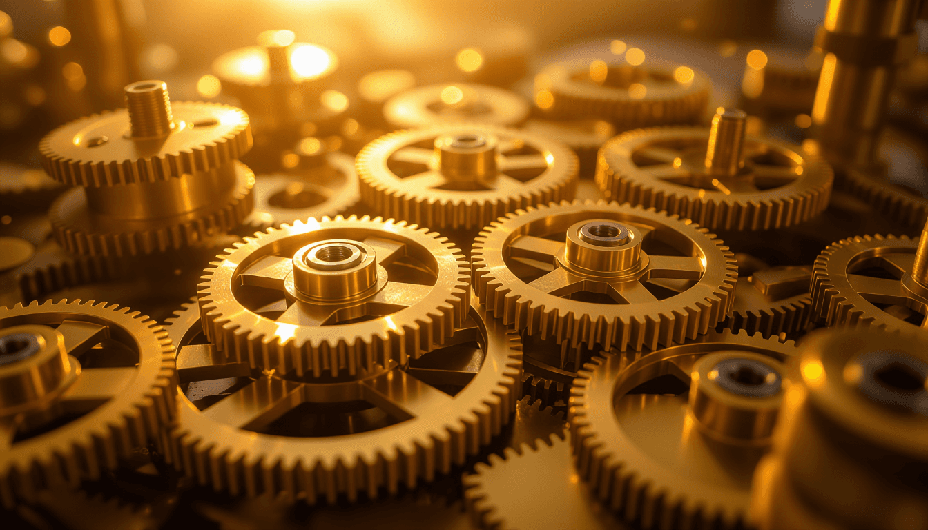 Golden hour light glints off brass gears interlocking in slow motion, capturing the kinetic energy o