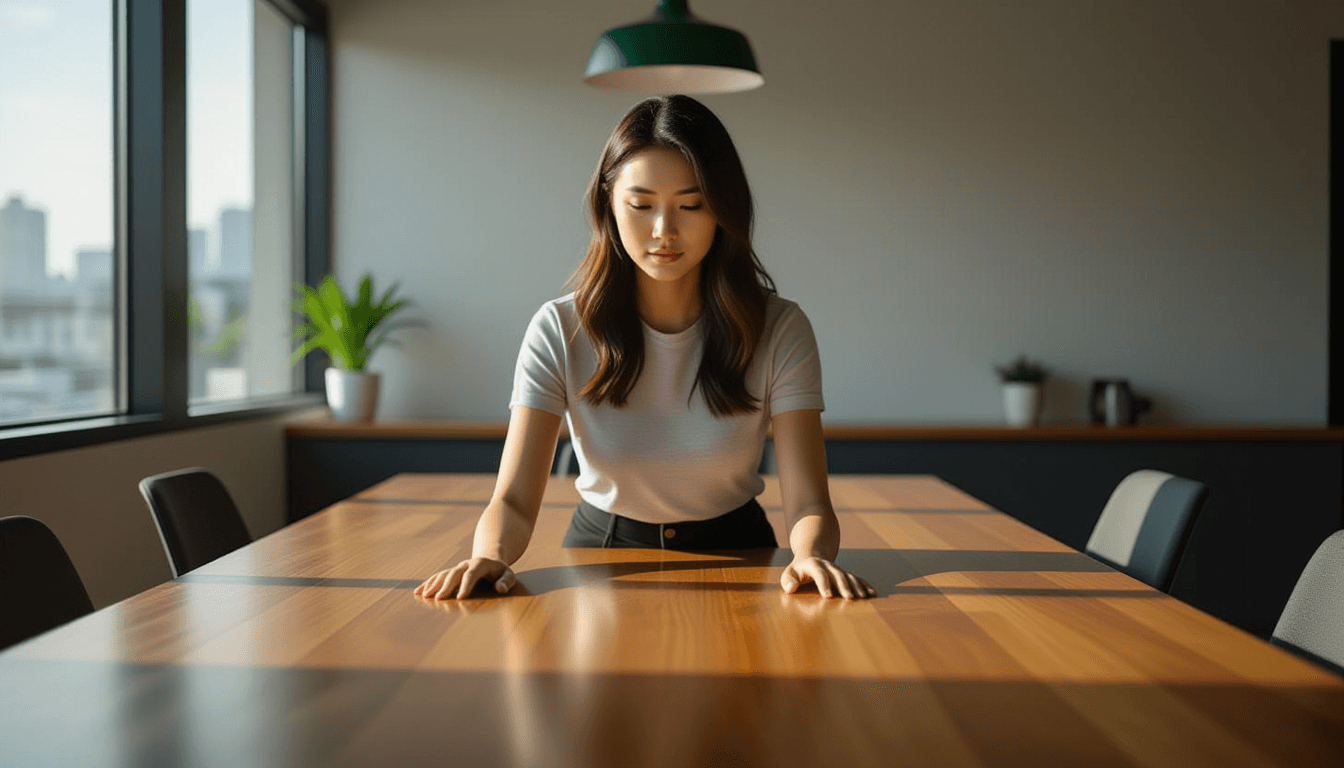 Low-angle shot of a young East Asian woman in her twenties standing at the end of a long, bare woode