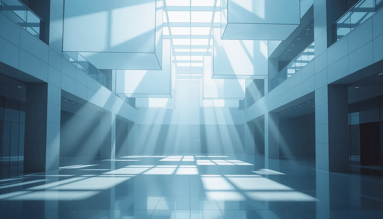 Overcast diffused light filters through layered translucent geometric planes in a modern atrium, cas