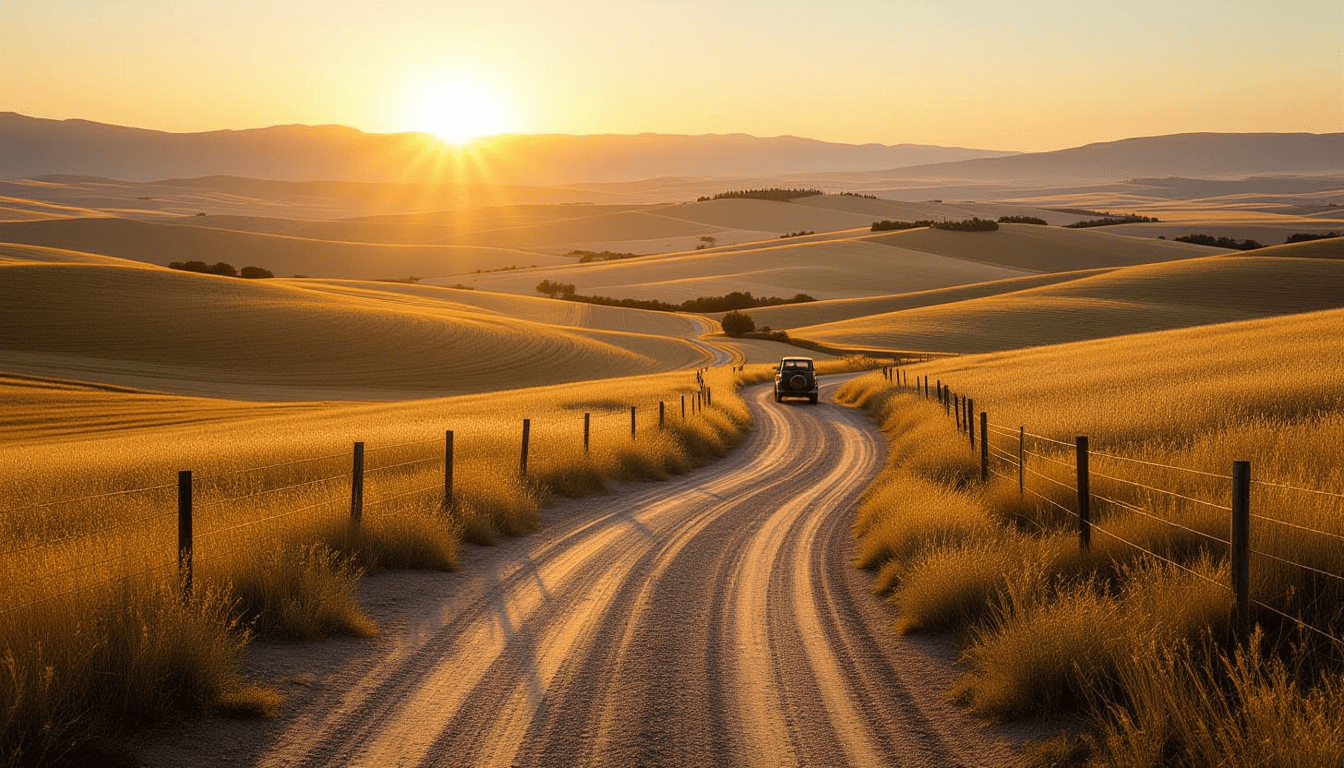 A winding dirt road cuts through a vast, sun-drenched valley at golden hour, emphasizing the sheer s