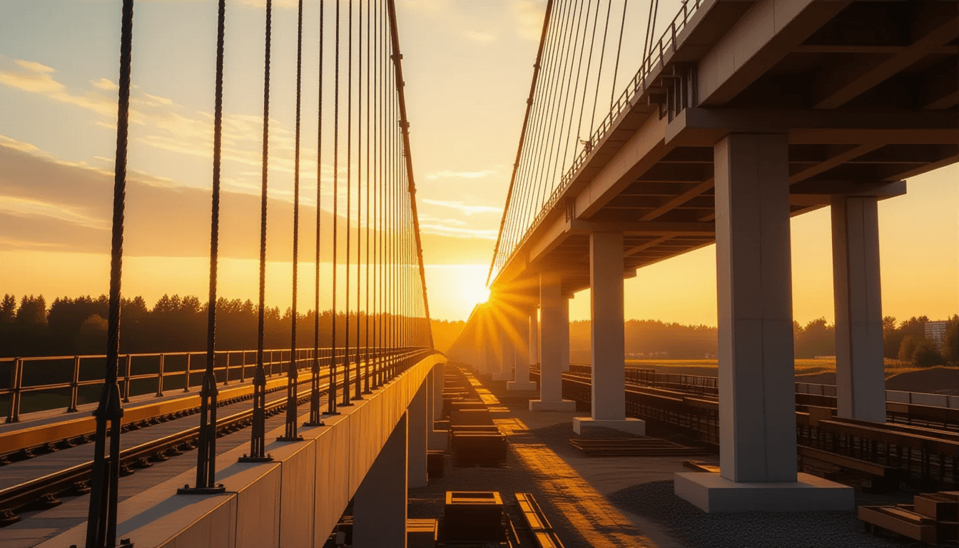 Sunset golden hour light floods a modern suspension bridge under construction, highlighting steel ca