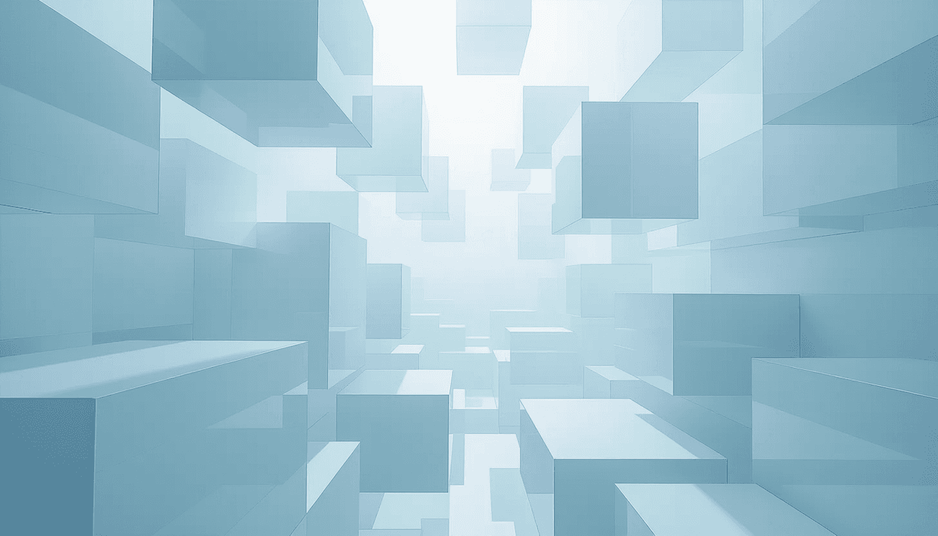 Overcast diffused light illuminates layered translucent white planes suspended in a vast, sterile vo