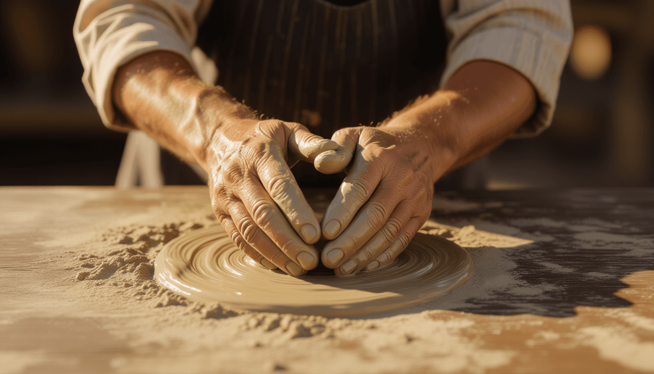 Weathered hands knead wet clay on a rustic wooden table, shallow depth of field blurring the backgro