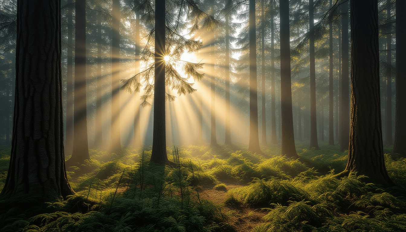 Morning mist clings to the forest floor as sharp sunbeams pierce through dense pine needles, illumin
