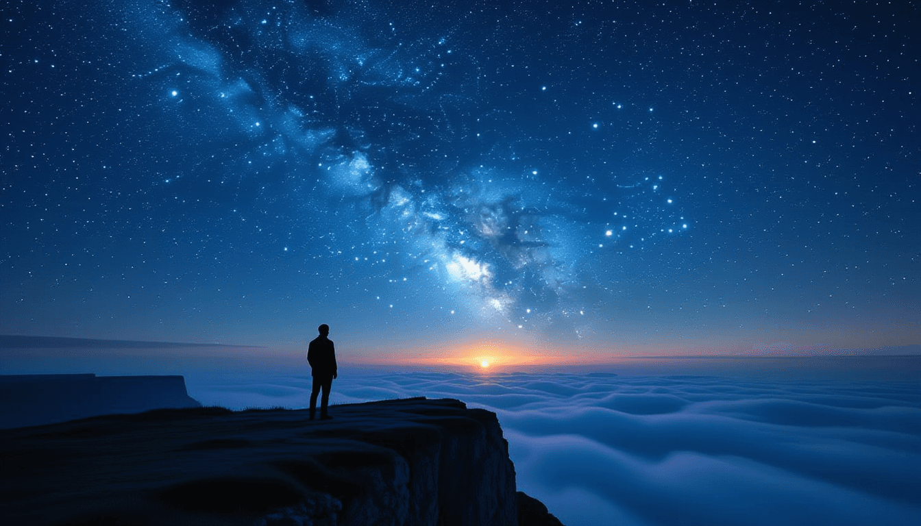 A lone strategist stands on a windswept cliff edge at twilight, silhouetted against a vast, star-str