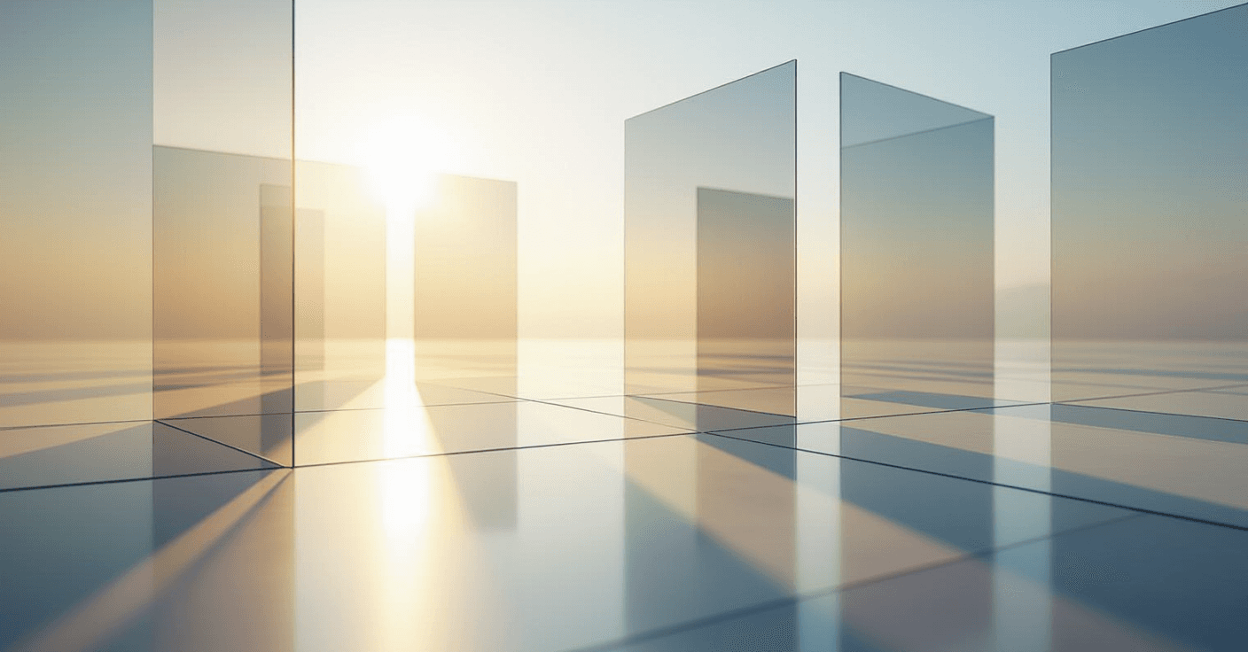 Translucent geometric planes float in a sunlit void, intersecting at sharp angles while soft morning