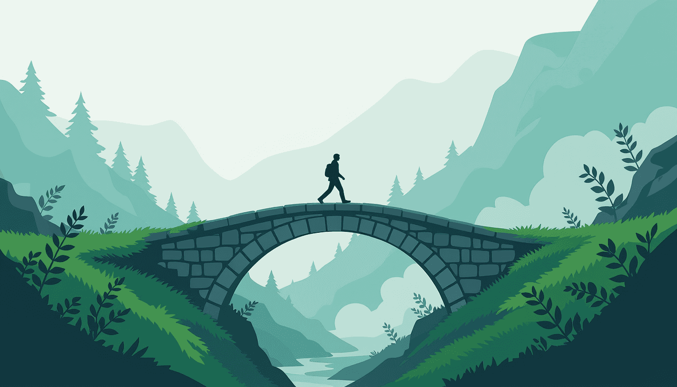 A solitary figure strides confidently across a sturdy stone bridge spanning a misty chasm, leaving t