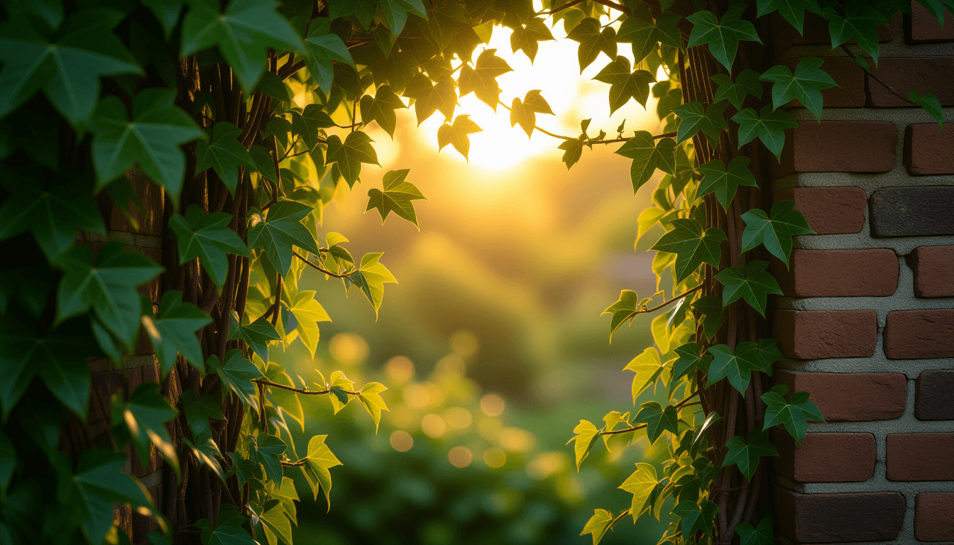 Golden hour light filters through a dense canopy of ivy, revealing intricate, interwoven vines clust