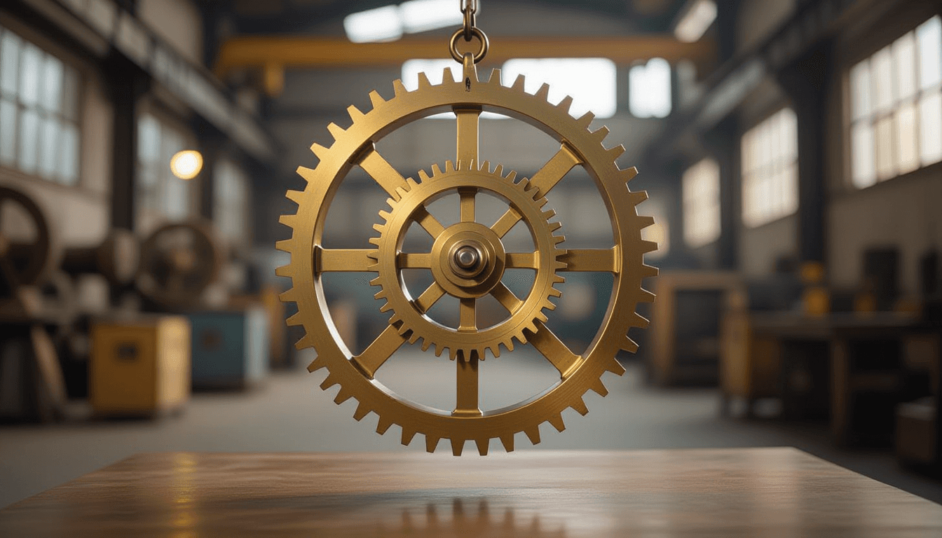Overcast diffused light illuminates a kinetic sculpture of interlocking brass gears suspended in mid
